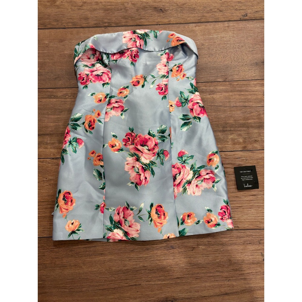 Lulus Light Blue Floral Satin Strapless Mini Dress with Back Bow Size M NEW